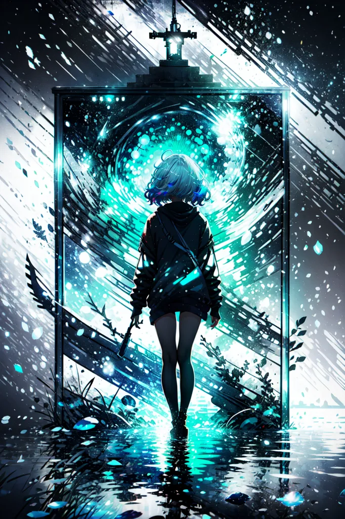 La imagen es de una chica con estilo de anime de pie frente a un portal. La chica tiene el cabello azul corto y lleva una sudadera negra y pantalones cortos. También lleva un arma. El portal es azul y blanco y está rodeado de un fondo oscuro con partículas azules y blancas cayendo.