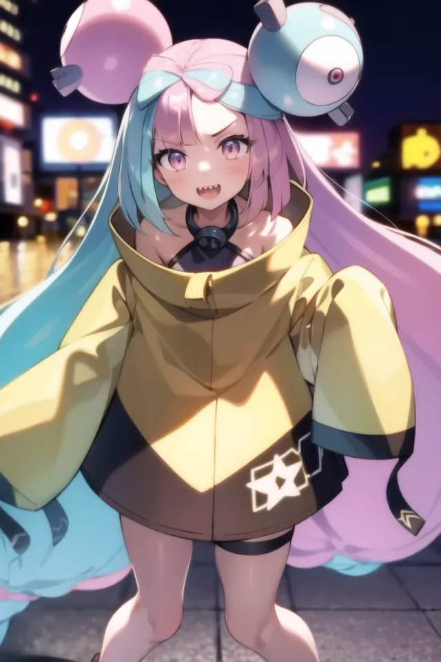 The image is of an anime-style girl with pink and blue hair. She is wearing a yellow jacket and a black choker. She has a Magnemite and a Magneton on her head. The background is a city at night.