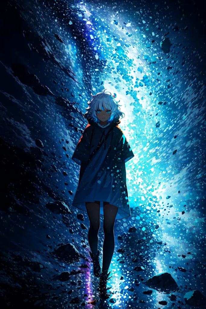 The image is of an anime-style girl with short white hair and blue eyes. She is wearing a blue cloak and black shorts. She is standing in a dark blue void with bright blue lights in the background. The girl is looking at the viewer with a serious expression.