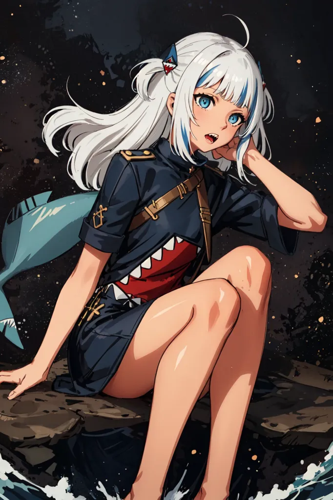 This is an image of a young girl with white hair and blue eyes. She is wearing a dark blue and red outfit with a shark tooth-like pattern on the collar. She has a shark fin-like protrusion on her head and a shark tail. She is sitting on a rock in the water, with her feet in the water. She is looking at the viewer with a curious expression.