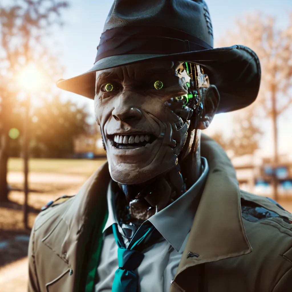 The image shows a humanoid robot wearing a brown fedora hat, a tan trench coat, and a light blue shirt and tie. The robot's face is made of metal, with glowing green eyes and a wide smile. It has a cheerful expression on its face. The background is blurred, with a few trees and a blue sky visible.