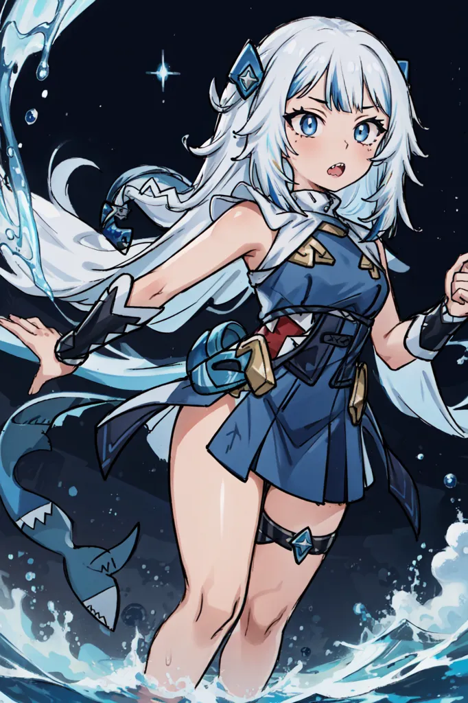 The image is of a young woman with white hair and blue eyes. She is wearing a blue and white dress with a shark-like tail. She is standing in a body of water, and there is a shark swimming near her. The background is dark blue, and there are some stars in the sky. The image is drawn in an anime style.