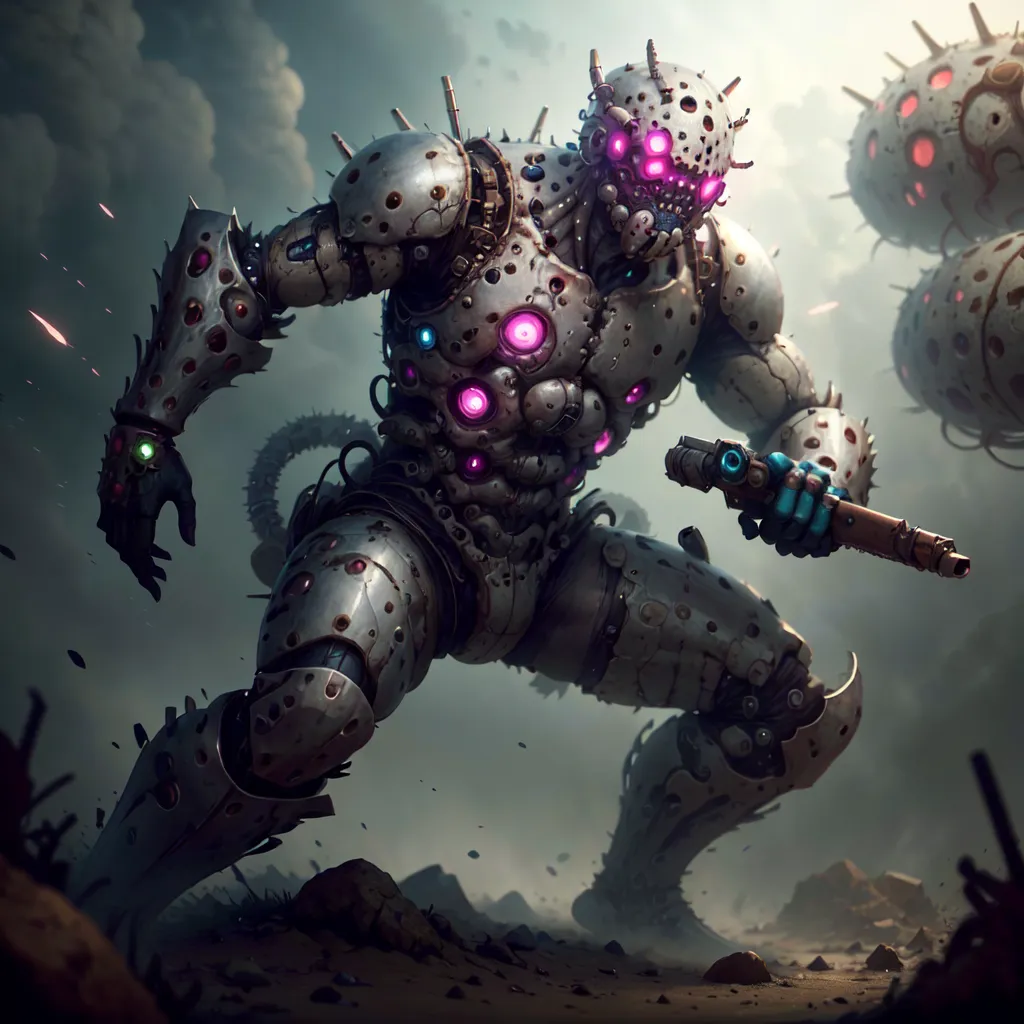 The image is a depiction of a futuristic battlefield. There is a humanoid robot in the foreground, armed with a gun. The robot has a metallic body with glowing purple eyes and several glowing pink orbs attached to its body. It is crouched down in a dynamic pose, suggesting that it is engaged in combat. In the background, there are several more robots, as well as explosions and debris, indicating that the battle is intense. The image is full of detail, and the artist has used a variety of techniques to create a sense of realism. The lighting is dramatic, and the colors are vibrant, which helps to draw the viewer into the scene. The image is also full of action, and the sense of movement is palpable. Overall, this is a visually stunning and engaging image that captures the essence of a futuristic battlefield.