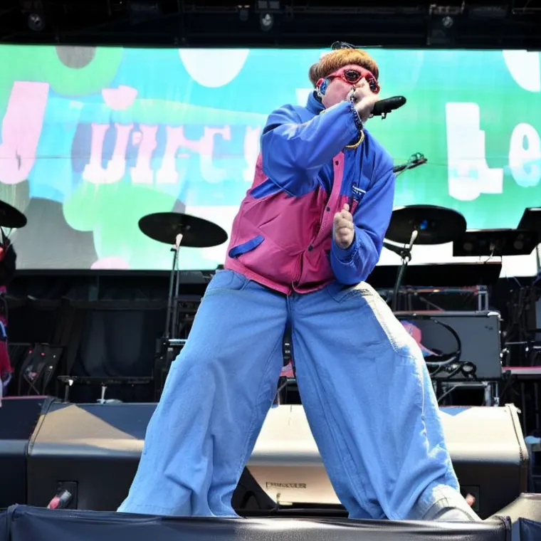 This image shows a person performing on stage. They are wearing an oversized blue and pink jacket, blue pants, and sunglasses. They are holding a microphone and have their mouth open as if they are singing. There is a colorful screen behind them and musical instruments on stage.