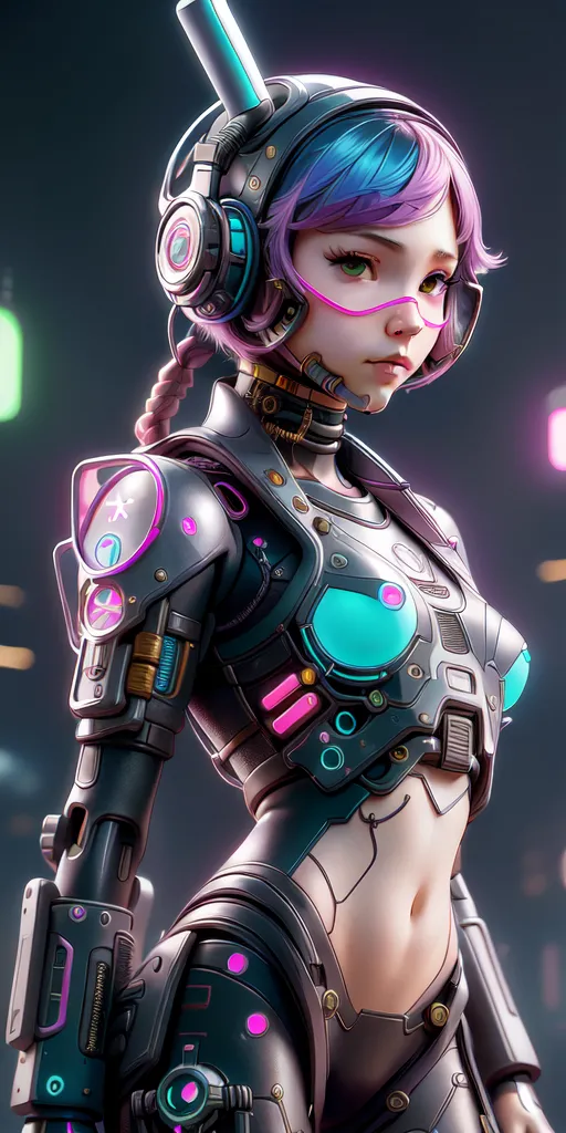 Esta es una imagen de un personaje femenino que parece ser un cyborg. Tiene el cabello azul claro y ojos morados. Lleva un traje de cuerpo negro y gris con detalles en rosa y azul. También lleva un par de auriculares y tiene un brazo robótico. El fondo es un paisaje urbano borroso por la noche.