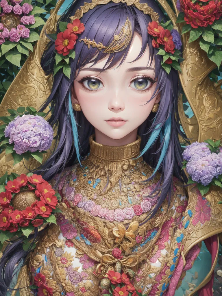 This image shows a young woman with long purple hair and green eyes. She is wearing a golden headdress and a pink and purple dress with a white collar. She is surrounded by flowers and has a serious expression on her face.