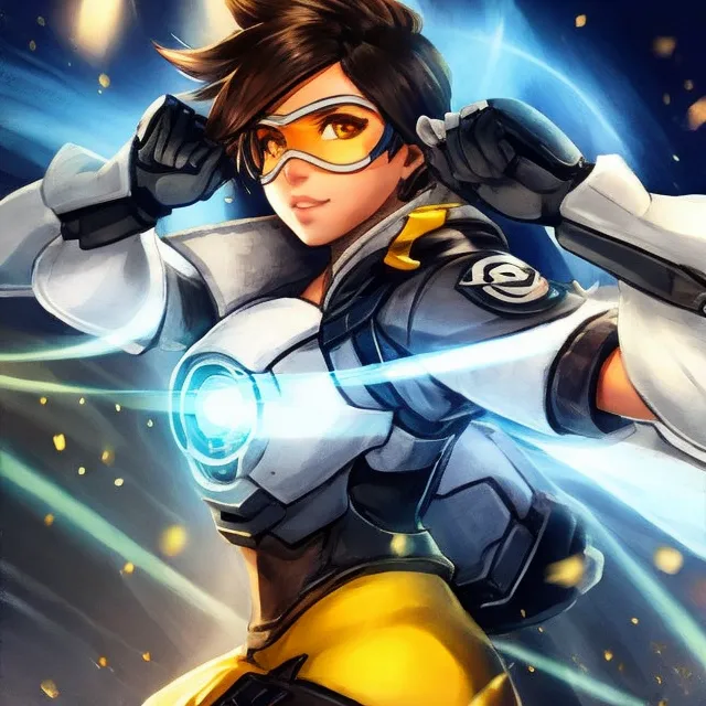 The image contains a young woman with brown hair and brown eyes. She is wearing a white and yellow jumpsuit with a blue circle on her chest. She is also wearing a pair of goggles. She is in a fighting stance.