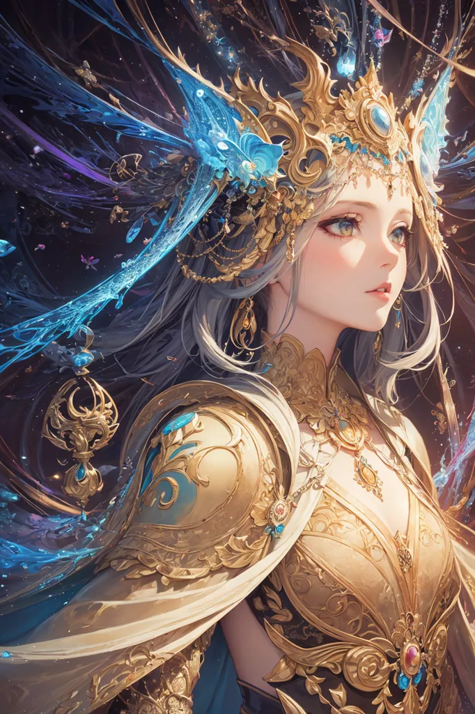 The image is a painting of a beautiful woman with long silver hair and blue eyes. She is wearing a golden armor with a blue sash. She has a crown on her head and is surrounded by blue and green magical energy. She is also wearing a necklace with a blue gem in the center. The background is dark with a starry night sky.