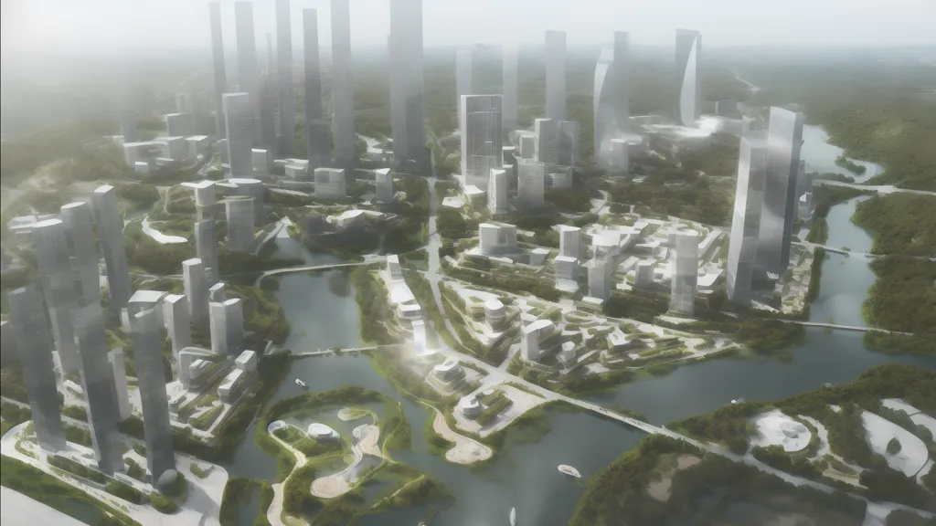 The image shows a city with a lot of tall buildings. The buildings are mostly made of glass and steel. There are a lot of trees and greenery in the city. There is a river running through the city. The city is very modern and looks like it is in the future.