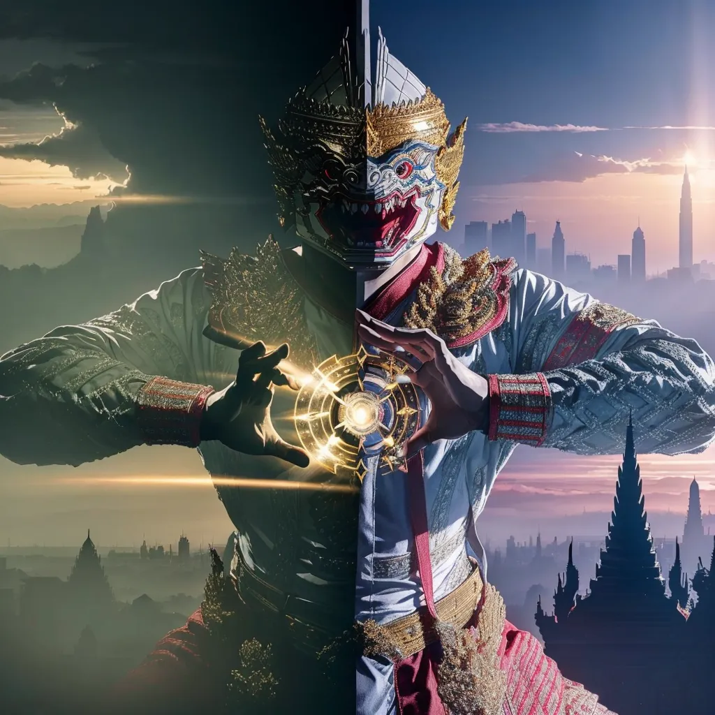 The image is a photo of a masked dancer in a traditional Thai dance costume. The dancer is wearing a headdress and a mask with a fierce expression. He is also wearing a long white shirt with a red sash and a pair of red pants. The dancer is performing in front of a backdrop of a cityscape with a sunset. The image is taken from a low angle, making the dancer appear larger than life. The dancer is holding his hands in front of his chest in a traditional Thai dance gesture. The image is a beautiful and powerful representation of Thai culture and tradition.