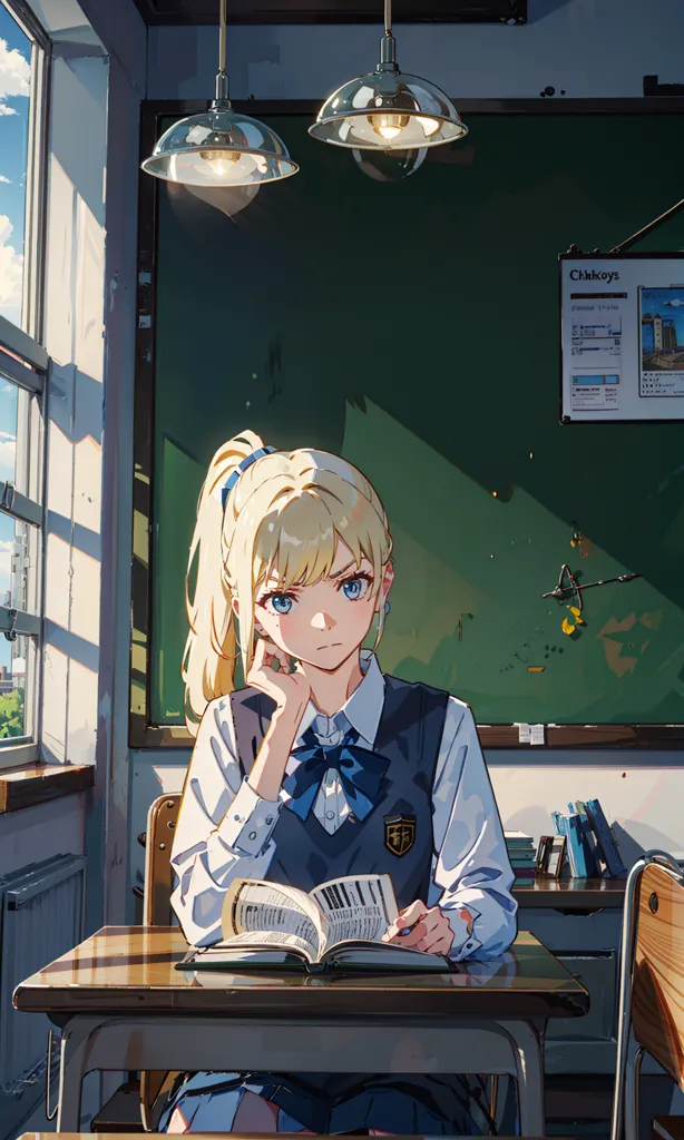 The image shows a girl sitting in a classroom. She has blonde hair tied in a ponytail, blue eyes, and is wearing a white shirt with a blue bow. She is sitting at a wooden desk, reading a book. There is a blackboard behind her, and a window on the left side of the image. The light from the window is shining on her hair and making it look golden. The image is very peaceful and relaxing.