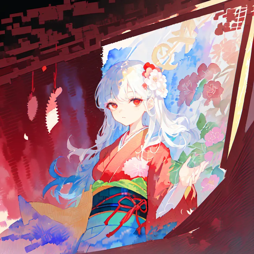 The image is of a beautiful woman with long white hair and red eyes. She is wearing a red and white kimono with a floral pattern. The woman is standing in front of a red background, and there are some flowers in the background as well. The image has a soft, dreamlike quality, and it is very beautiful.