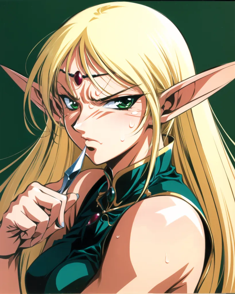 The picture shows a beautiful elf woman with long blond hair, green eyes, and pointy ears. She is wearing a green dress with a low neckline and a high collar. The woman has a serious expression on her face and is holding a knife in her right hand. She is also wearing a red gem on her forehead.