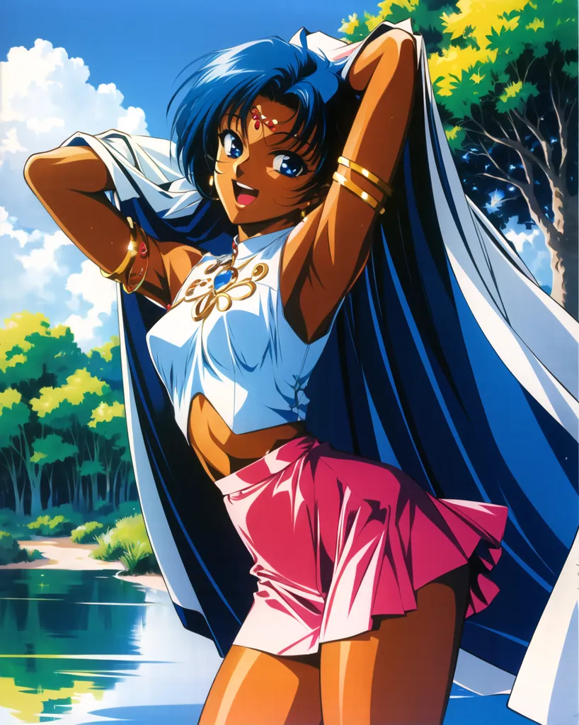 This is an image of a young woman with blue hair and brown skin. She is wearing a white crop top and a pink skirt. She is standing in front of a lake with a forest in the background. She has her arms raised and is holding a piece of cloth that is blowing in the wind. She has a confident smile on her face.
