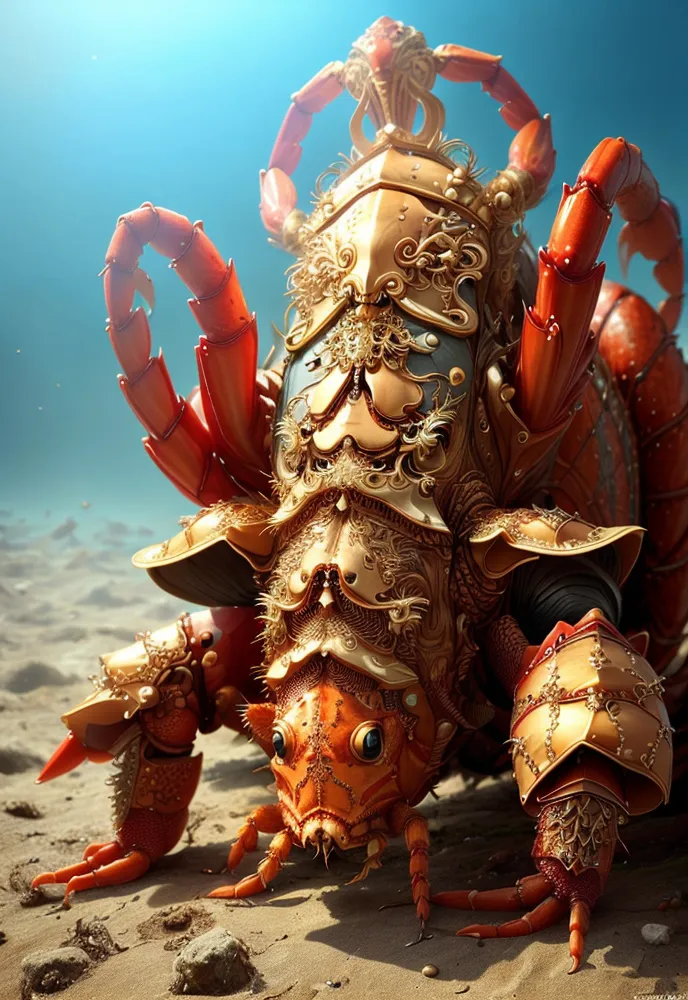 The image shows a large, red crab-like creature with golden armor. It has eight legs, each with a large claw at the end. The creature's body is covered in intricate carvings and designs. It has a large, domed head with a pair of antennae sticking out from the top. The creature is standing on a sandy beach, with the ocean in the background. The water is a deep blue color and the sun is shining brightly overhead.