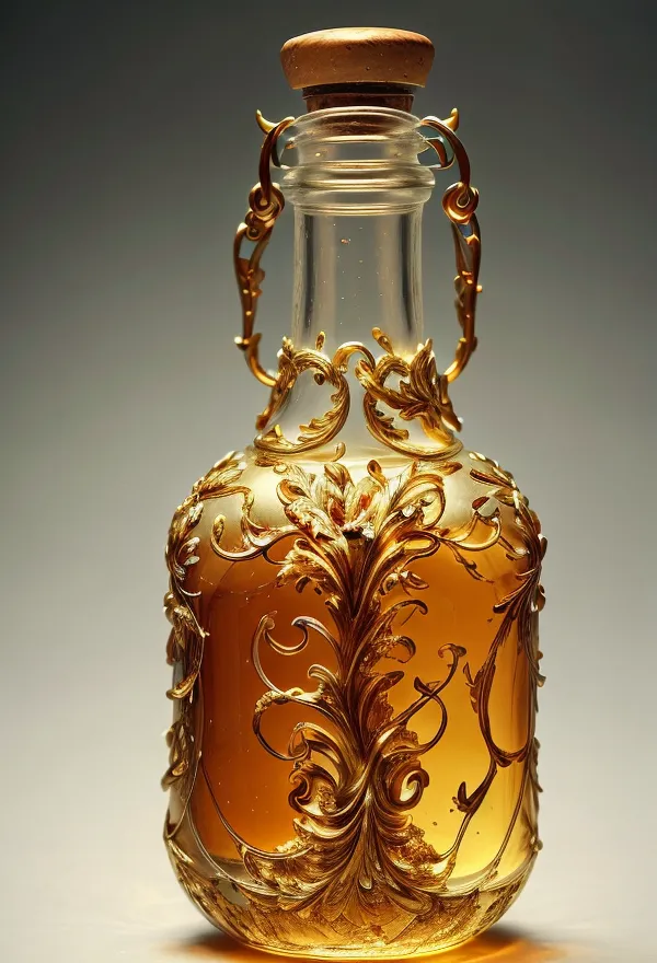 La imagen muestra una ornamentada botella dorada con un tapón de corcho. La botella está llena de un líquido dorado. La botella está decorada con intrincados grabados florales.