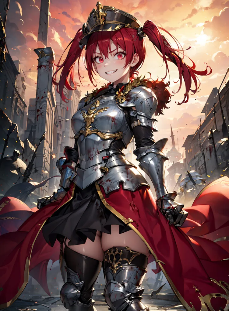 The image is of a young woman with long red hair and red eyes. She is wearing a suit of armor and a red cape. The armor is silver and has gold trim. The cape is red and has a gold lining. The woman is standing in a ruined city. There are broken buildings and rubble all around her. The sky is orange and there are clouds of smoke in the air. The woman is smiling and has a determined look on her face. She is holding a sword in her right hand and a shield in her left hand.