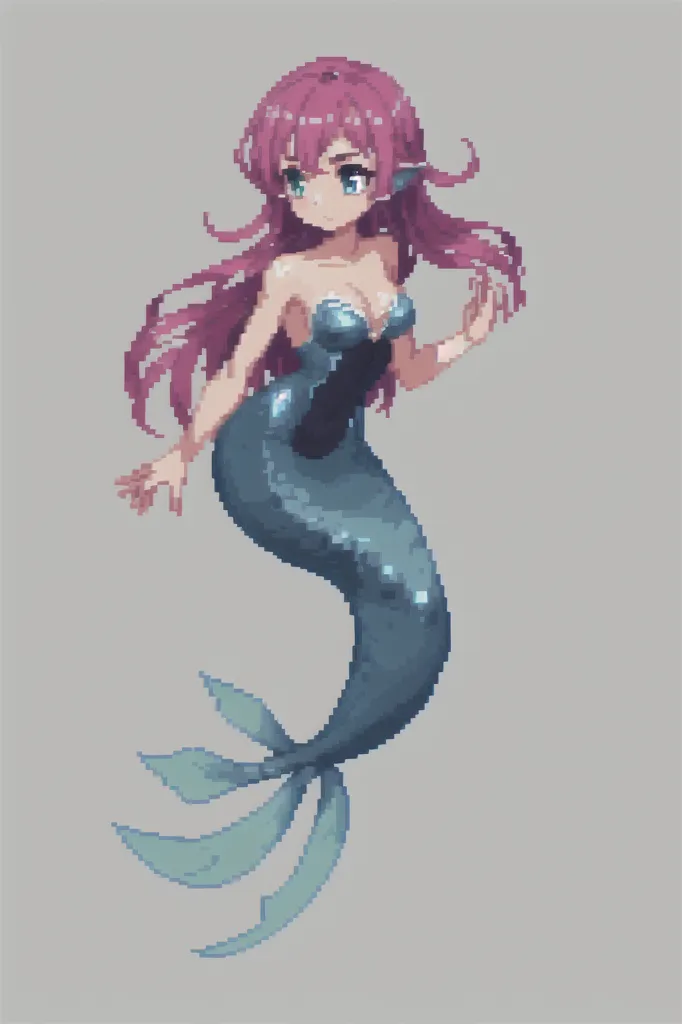 This is a pixel art image of a mermaid. She has pink hair and blue eyes. She is wearing a blue seashell bra. Her tail is blue and green. She is surrounded by a light blue background.