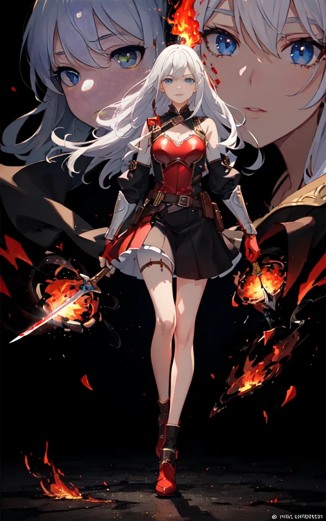 The image is of a young woman with long white hair and blue eyes. She is wearing a red and black outfit and is holding a sword in each hand. The swords are both on fire. The woman is standing in a dark room, surrounded by flames. There is another woman behind her who is a shadow of the first woman.