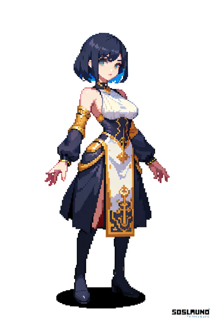 The image shows a pixelated illustration of a woman with blue hair and eyes. She is wearing a black and white dress with gold accents. The dress has a high collar and a long slit in the skirt. She is also wearing black boots and a gold necklace. The woman is standing in a relaxed pose with her hands at her sides. She has a confident expression on her face. The background is white.