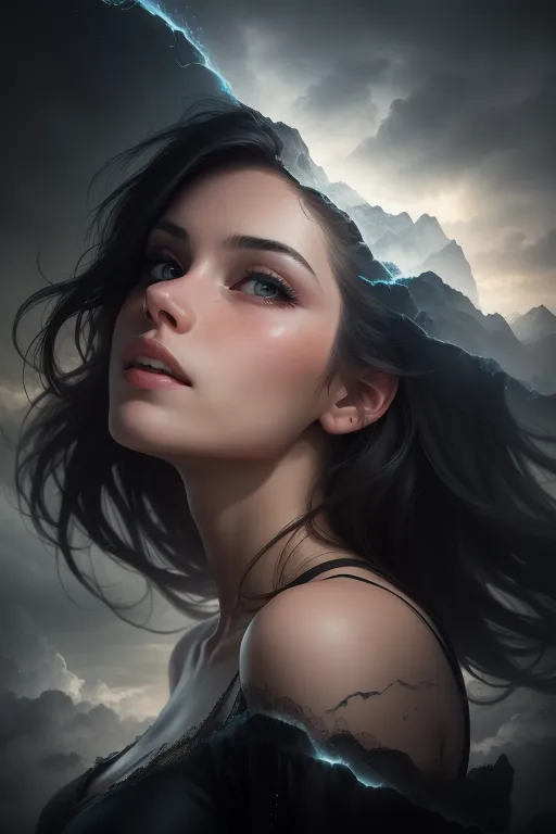 The image is a portrait of a young woman with long, dark hair. She has light blue eyes and a fair complexion. She is wearing a black dress with a sweetheart neckline. The dress is off the shoulder, showing her shoulders and neck. She is also wearing a necklace with a pendant in the shape of a mountain.

The woman's hair is blowing in the wind and her eyes are narrowed, as if she is looking into the distance. She has a serious expression on her face. The background of the image is a dark, stormy sky with clouds.