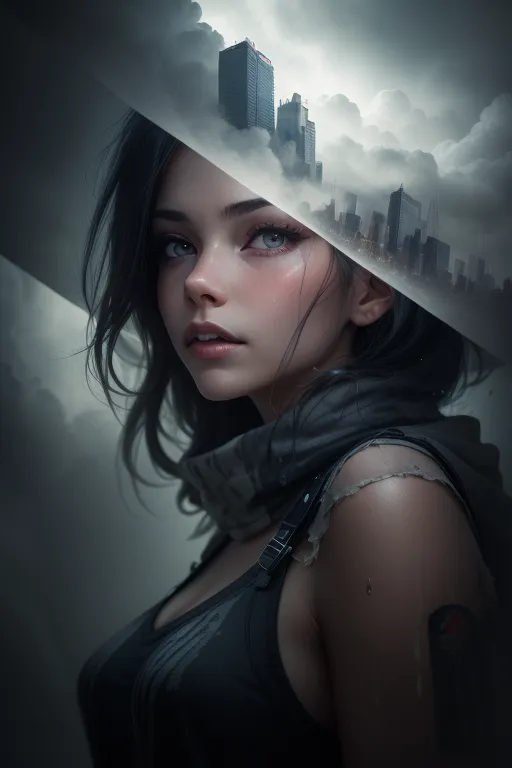 The image is a portrait of a young woman with long dark hair. She is wearing a black tank top and a black scarf around her neck. The background of the image is a dark cityscape with a large city in the distance. The woman's expression is one of sadness and determination. She is looking at the viewer with her left eye, her right eye is covered by a piece of the city that seems to have blended into her face.