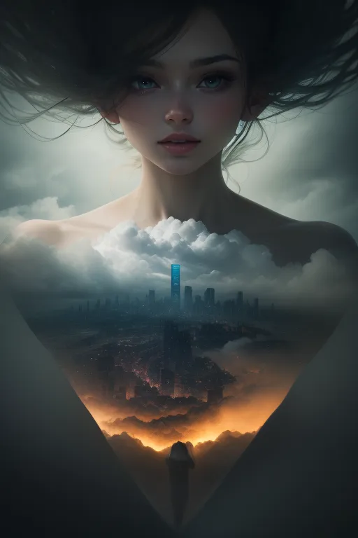 The image is a portrait of a young woman with long, flowing hair. She is looking at the viewer with a serious expression. Her skin is pale and flawless. The background is dark and stormy. The woman's body is split in half vertically, with the left side showing a cityscape and the right side showing a mountain range. The cityscape is dark and gloomy, with tall buildings and a polluted sky. The mountain range is rugged and beautiful, with snow-capped peaks and a clear blue sky. The woman's heart is visible in the center of her chest, and it is glowing with a bright light. The image is a powerful and thought-provoking exploration of the human condition. It is a reminder that even in the darkest of times, there is always hope and beauty to be found.