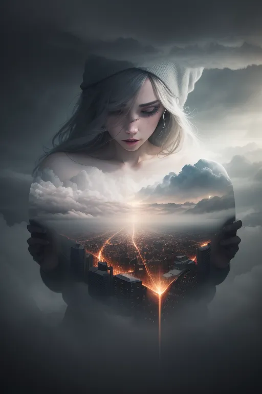 The image is a painting of a woman with a cityscape in her chest. The woman is wearing a white beanie and her hair is white. Her eyes are closed and she has a serene expression on her face. The cityscape is of a modern city with tall buildings and a river running through it. The sky is cloudy and there is a light shining down from the top of the image. The painting is done in a realistic style and the colors are muted.