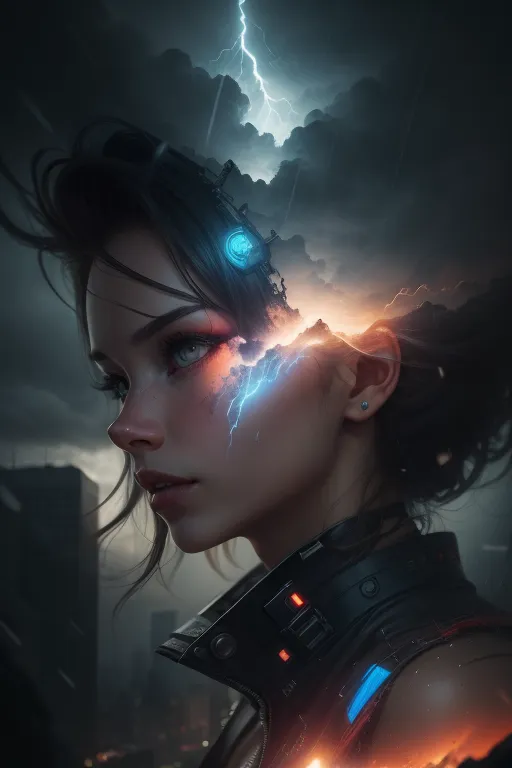 The image is a portrait of a young woman with dark hair and blue eyes. She is wearing a black leather jacket and has a cybernetic implant on her head. The implant is glowing blue, and there is a storm in the background. The woman is looking to the side with a thoughtful expression on her face.