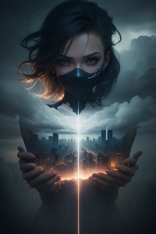 The image is of a woman wearing a black mask. The mask covers her mouth and nose, and there is a white symbol on the right side of the mask. Her eyes are blue and her hair is dark. She is wearing a black bodysuit and there is a city inside her chest. The city is made up of tall buildings and skyscrapers. The sky is dark and cloudy.