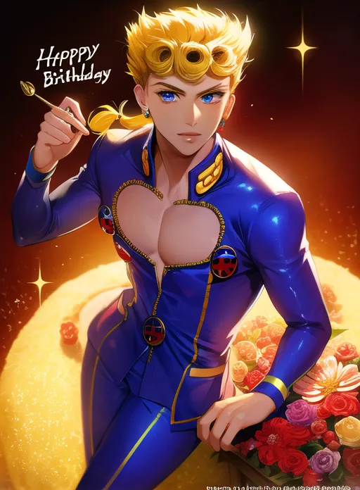 The image is of Giorno Giovanna from the anime series JoJo's Bizarre Adventure. He is wearing a blue suit with a pink heart-shaped cutout on the chest. He has blond hair and blue eyes, and he is holding a fork with a piece of cake on it. There is a cake with a lit candle on it in front of him, and there are roses on the table. The background is yellow with a spotlight shining down on Giorno. The image is drawn in a realistic style, and the colors are vibrant and bright.