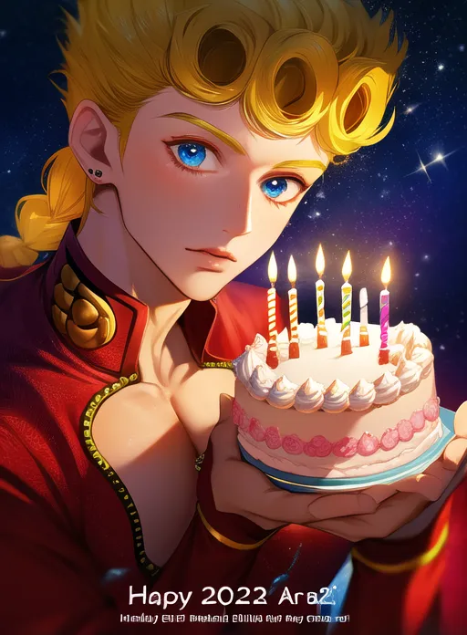 The image shows a young man with blond hair and blue eyes. He is wearing a red jacket and a white shirt. He is holding a birthday cake with five candles on it. The background is dark blue with stars. The man has a gentle smile on his face. He is looking at the camera.