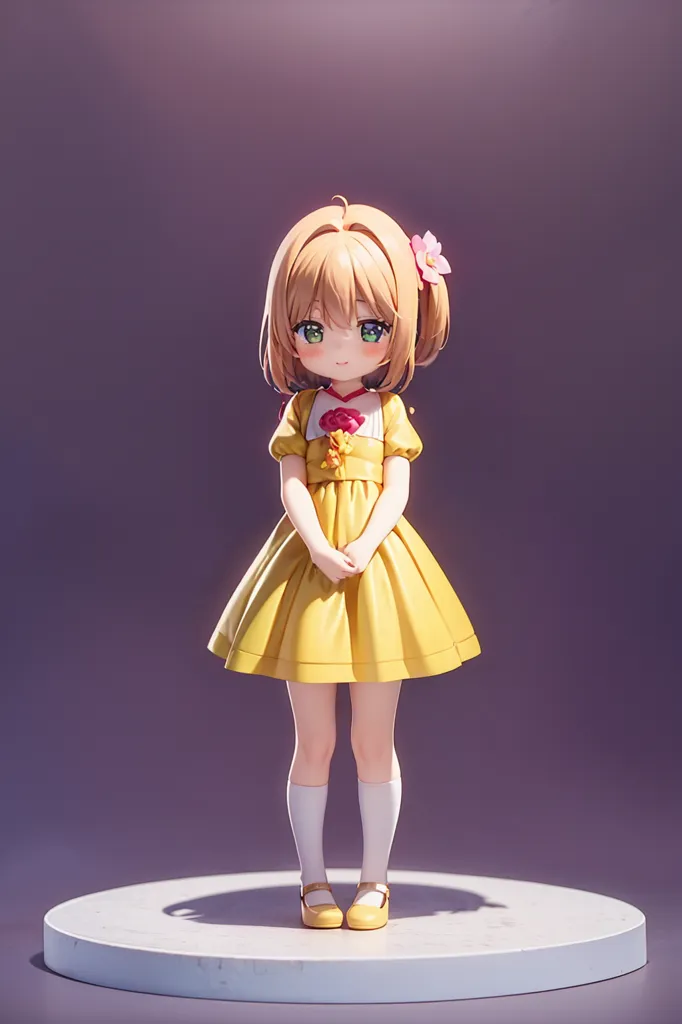 The image shows a young girl with short blonde hair and green eyes. She is wearing a yellow dress with a white collar and white socks. She is also wearing a pink flower in her hair. She is standing on a white pedestal. The background is a light purple color.