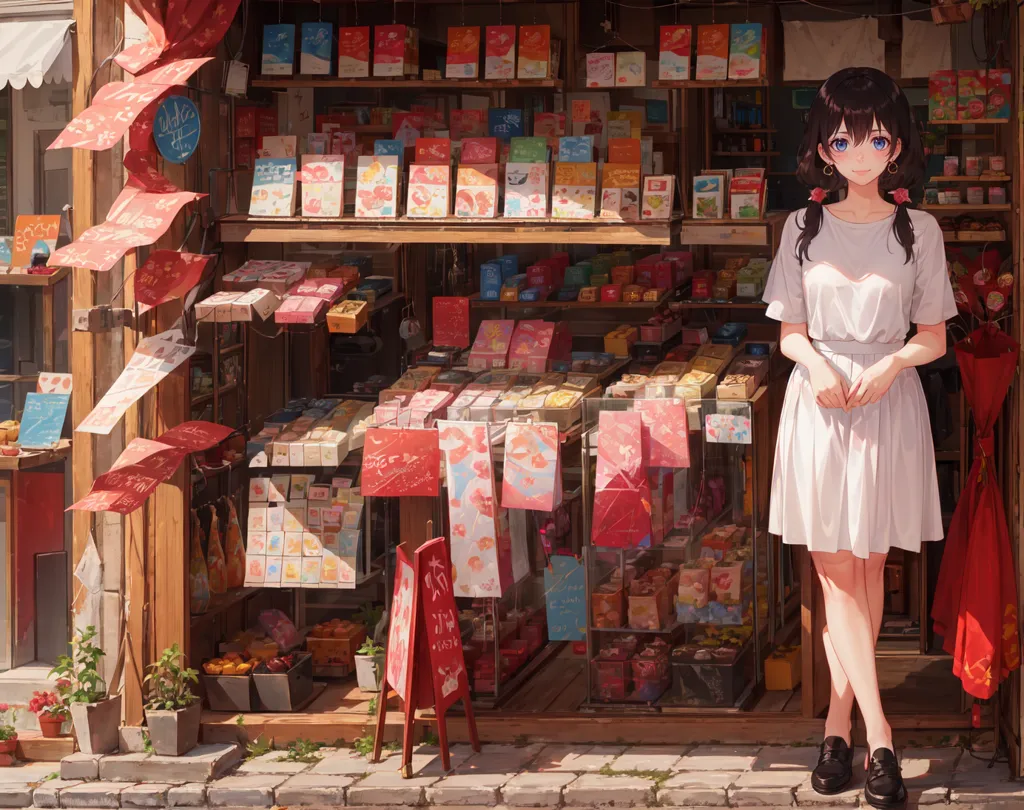 The image is a depiction of a small shop with a girl standing in front of it. The shop has a wooden counter and shelves stocked with various goods. The girl is wearing a white dress and has long dark hair. She is looking at the camera with a shy expression on her face. The shop is decorated with red and white paper lanterns and there are plants and flowers placed around the entrance. The image has a warm and inviting atmosphere.