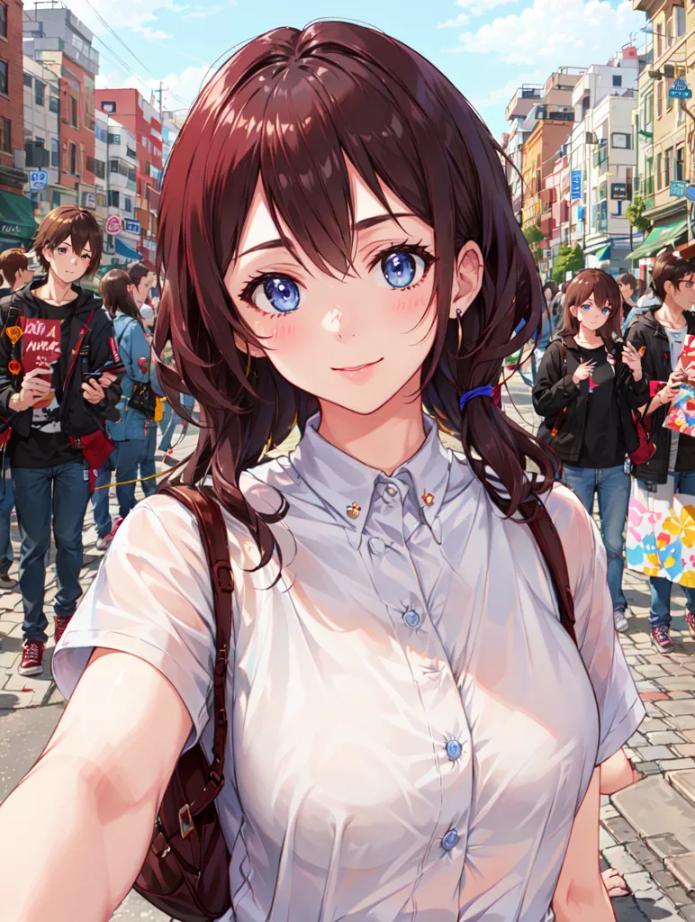 The image is a selfie of a young woman with long brown hair and blue eyes. She is wearing a white shirt and a brown bag. She is standing in a crowded street with people on both sides of her. The people are all wearing different clothes and have different hairstyles. The background is a city with tall buildings and a lot of people. The image is drawn in an anime style and the colors are very vibrant.