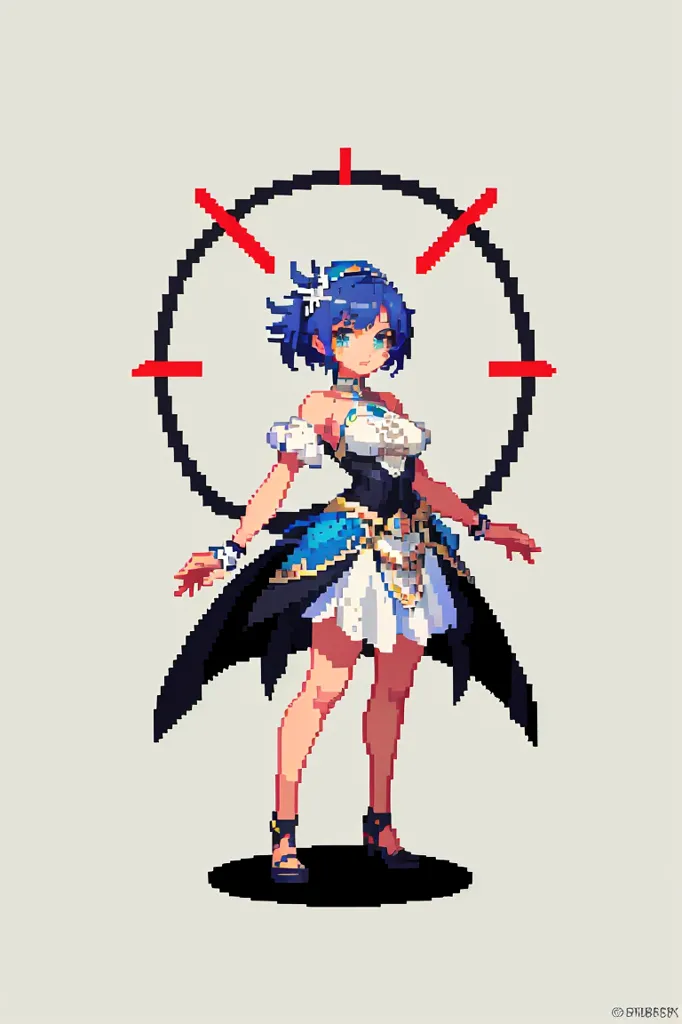 La imagen muestra una chica de estilo anime pixelada con cabello azul y ojos azules. Lleva un vestido blanco y azul con una capa negra. Está de pie frente a un fondo blanco con un círculo rojo con líneas rojas detrás de ella. La chica mira al espectador con una expresión seria.