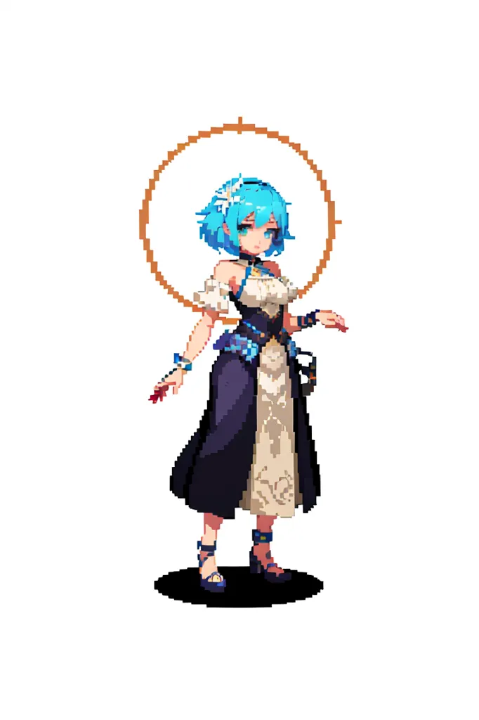 This image shows a pixelated illustration of a woman. She has blue hair and blue eyes, and is wearing a white dress with a black corset. She is also wearing a gold necklace and a gold bracelet. She is standing in front of a white background, and there is a halo above her head.