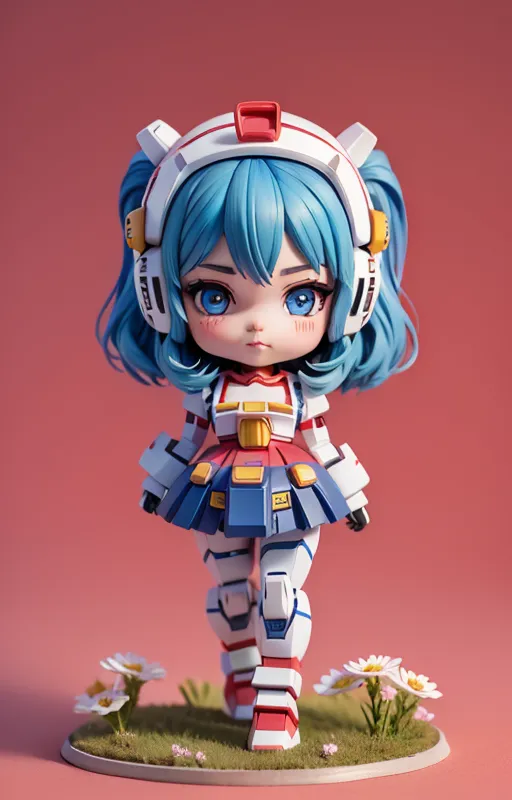 This is an image of a small anime girl with blue hair and blue eyes. She is wearing a white and red mech suit with a skirt. She is standing in a field of white flowers. The background is pink.