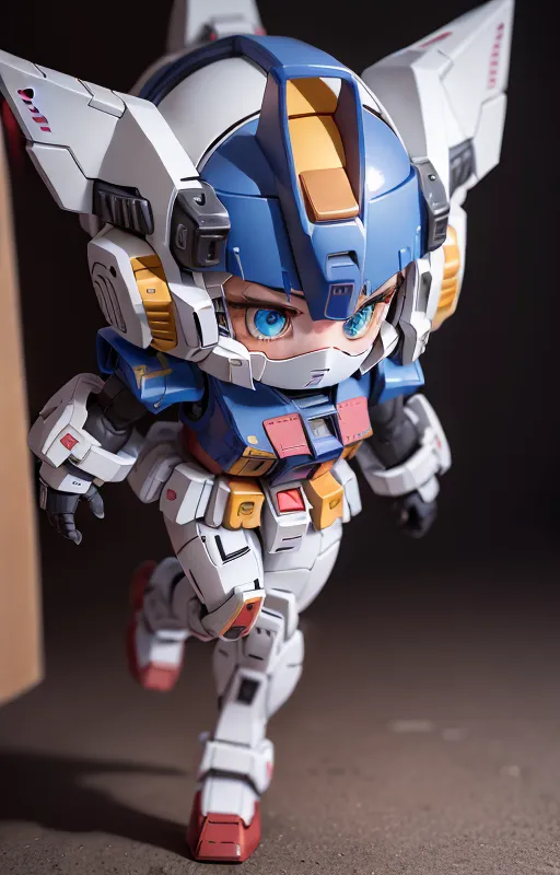 The image shows a small, chibi-style robot with blue, white, and yellow armor. It has large, expressive eyes and a determined expression on its face. It is posed in a dynamic running pose, with one leg in the air and its arms outstretched. The background is a dark, neutral color, which helps to make the robot stand out. The robot is also surrounded by a soft light, which helps to highlight its features.