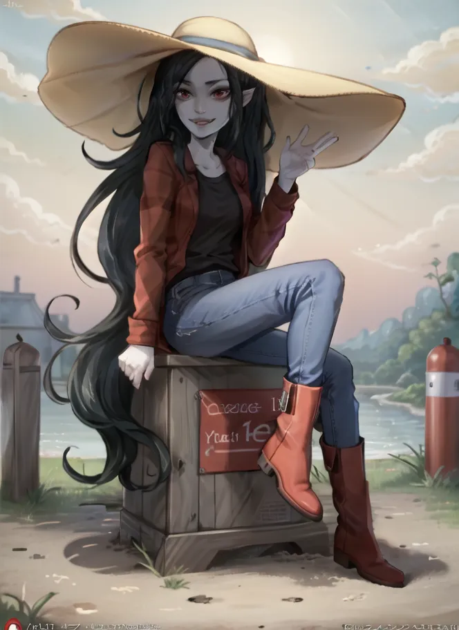 The image is of Marceline the Vampire Queen from the animated television series Adventure Time. She is sitting on a wooden box in a field, wearing a red flannel shirt, blue jeans, and red boots. She is also wearing a large, straw hat. Her long, black hair is flowing in the wind, and she has a mischievous smile on her face. In the background is a river and a small, rocky hill. The sky is light blue and there are some clouds in the distance.