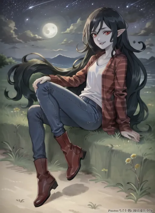 The image is of Marceline, a character from the animated television series Adventure Time. She is depicted as a young woman with long black hair, red eyes, and pale skin. She is wearing a white T-shirt, a red flannel shirt, and blue jeans. She is also wearing brown boots and a red bow in her hair. She is sitting on a grassy hill, with a full moon in the background. There are also some small flowers on the hill. The image is drawn in a realistic style, and the colors are vibrant and saturated.