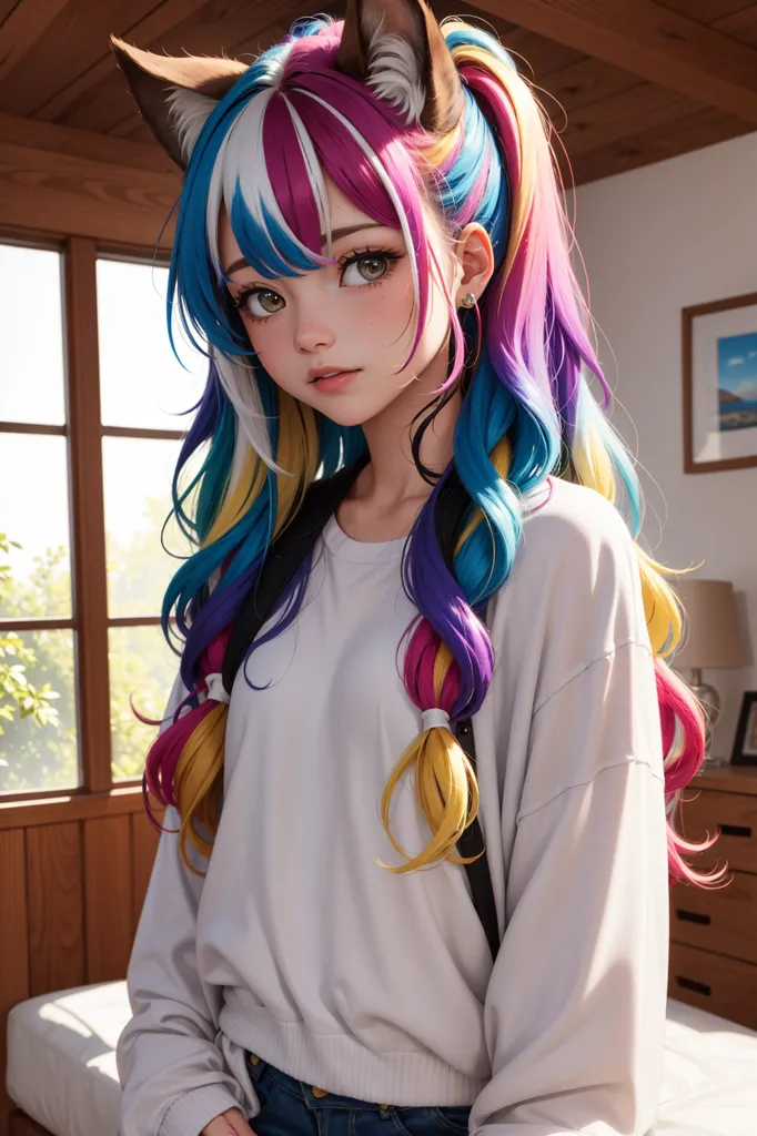 The image shows a young woman with long, multicolored hair. The hair is mostly blue, but there are also sections of pink, purple, and yellow. The woman is wearing a white shirt and blue jeans. She has a pair of cat ears on her head and her eyes are a light brown color. She is standing in a room with wooden walls and a large window. There is a bed to her right and a dresser to her left.