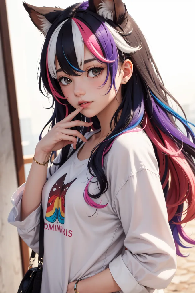 The image is a portrait of a young woman with cat ears. She has long, black, white and pink hair and brown eyes. She is wearing a white shirt and a black bag is hanging from her right shoulder. She is standing in a sunny outdoor setting and has one hand on her chin.