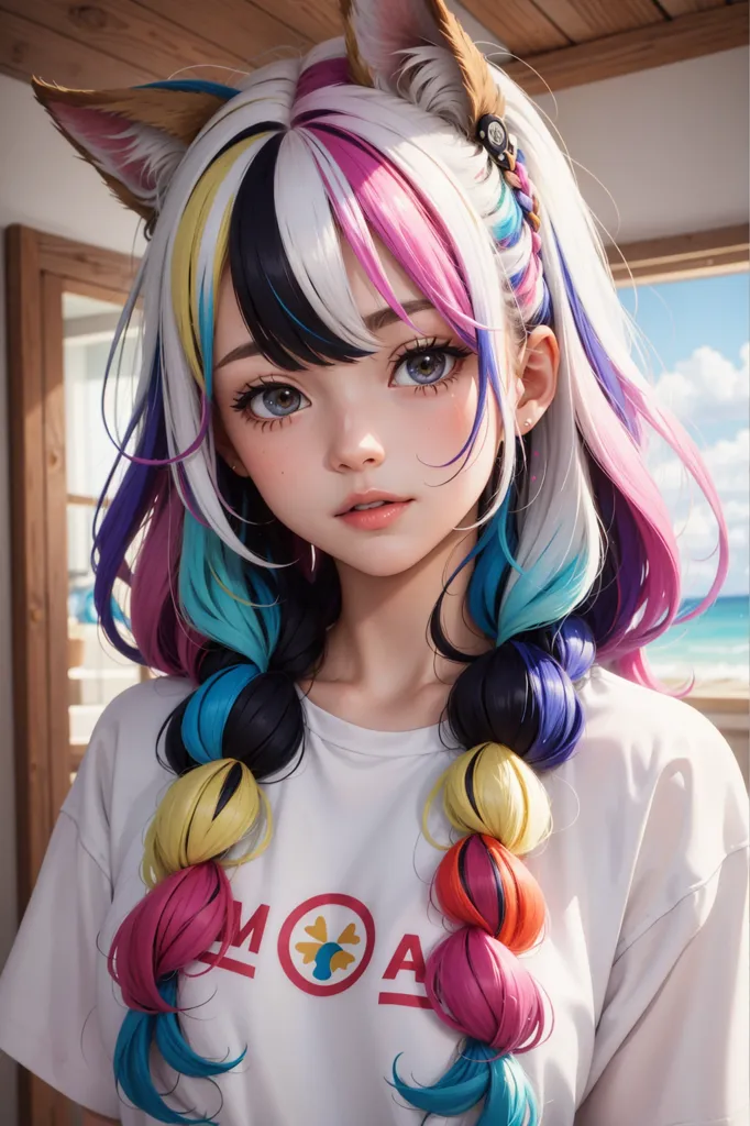 The image is a digital painting of a young woman with cat ears. She has long, multicolored hair, blue eyes, and a pink nose. She is wearing a white shirt and has a flower hairclip in her hair. She is standing in a room with a large window in the background. The window is open and there is a view of the ocean outside.