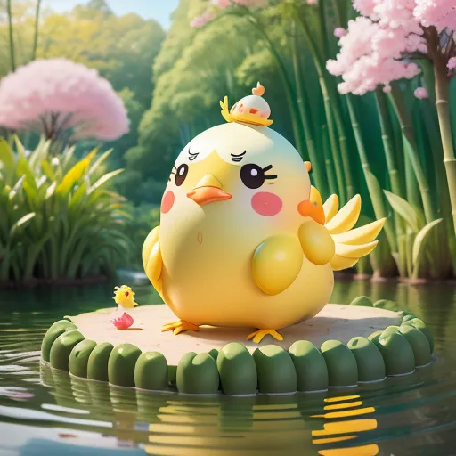 The image shows a cute yellow bird standing on a lily pad in a pond. The bird has a pink blush on its cheeks and is looking to the left with an annoyed expression. There is a smaller yellow bird on the lily pad to the left of the larger bird. The smaller bird has a pink belly and is looking up at the larger bird. There are green bamboo plants and pink flowers in the background. The water in the pond is a light blue color.