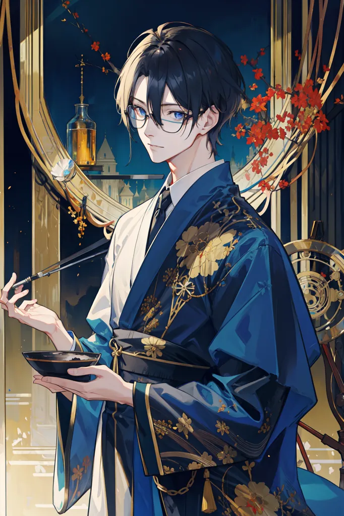 The image is of a young man with black hair and blue eyes. He is wearing a white shirt, a blue kimono with golden floral patterns, and a pair of glasses. He is holding a bowl of food with chopsticks in his right hand. There is a mirror in the background.