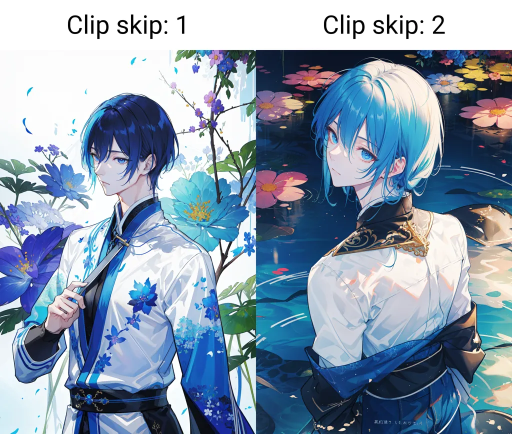 Gambar ini menampilkan dua karakter anime. Mereka berdua memiliki rambut dan mata berwarna biru, serta mengenakan jubah putih dan biru dengan motif bunga. Mereka berdiri dalam pose yang berbeda, dengan karakter di sebelah kiri memegang bunga. Latar belakang gambar adalah blur bunga biru dan ungu.