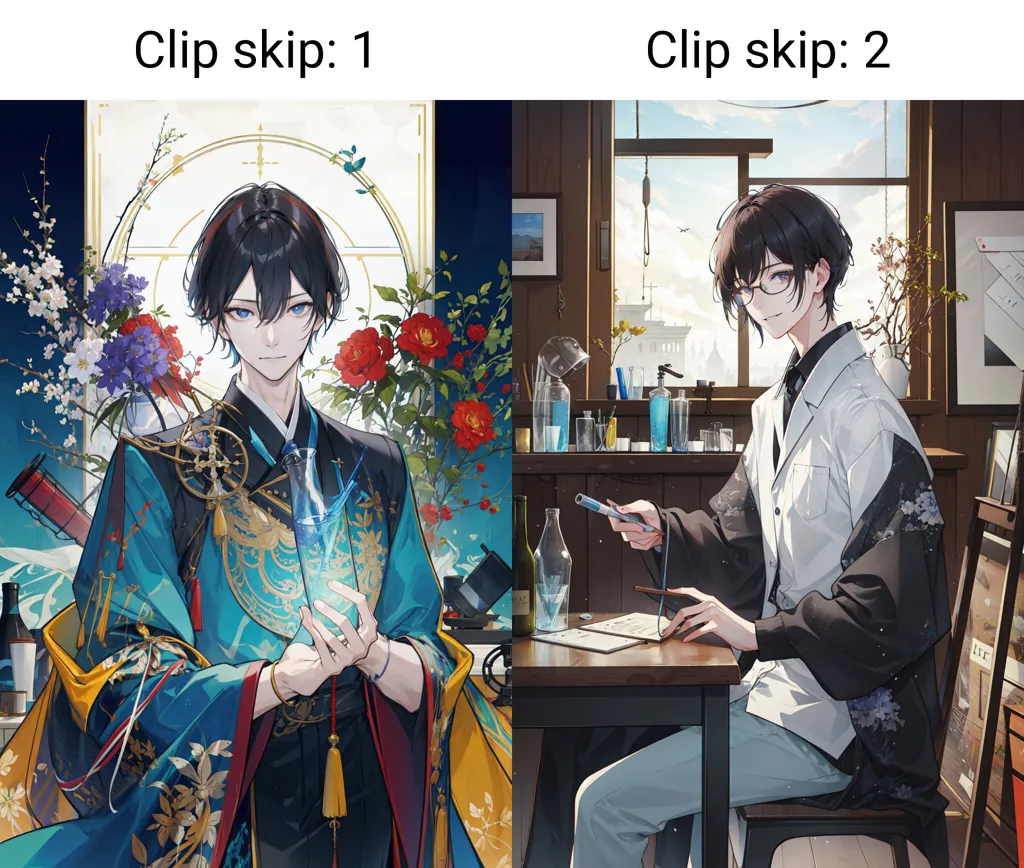 The image is of a man with black hair and blue eyes. He is wearing a blue and gold kimono in the first picture and a white shirt and black pants in the second picture. In the first picture, he is holding a blue orb in his hand and in the second picture, he is writing with a pen. There are flowers in the background of the first picture and a window in the background of the second picture.