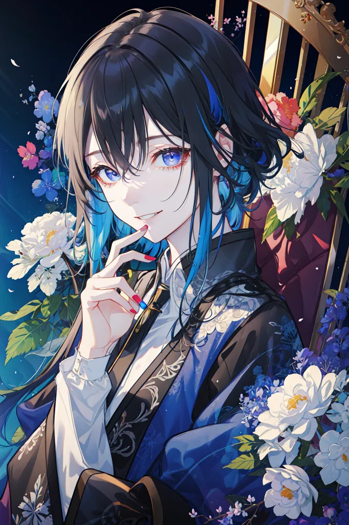 The picture shows a young man with long black hair and blue eyes. He is wearing a dark blue robe with white and gold trim. He is sitting on a golden chair with white and pink flowers all around him. He has a gentle smile on his face and is looking at the viewer.