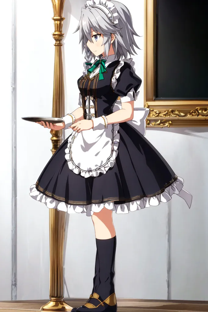 The picture shows a young girl with an innocent and gentle expression. She is dressed in a black and white maid outfit, with a green ribbon tied around her neck. Her hair is silver and tied back in a ponytail, with a few loose strands framing her face. She is standing in a room, with a large painting on the wall behind her.